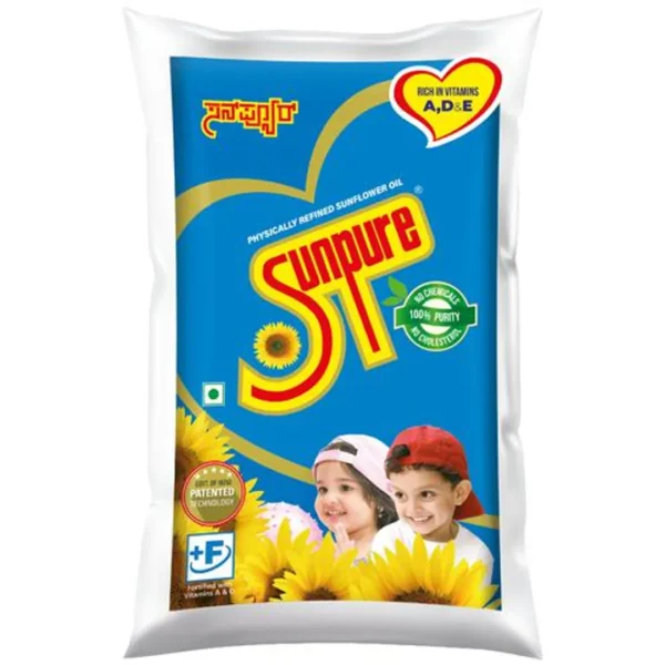 Sunpure Sunflower Oil is a 100% vegetarian and natural cooking oil, physically refined from the finest quality sunflower seeds. This delicious and nutritious cooking oil from the trusted Sunpure company has no trace of food additives or synthetic preservatives like BHA. It is free from sodium hydroxide and phosphoric acid. It is odourless oil and has excellent reviews for its health benefits. It is enriched with natural vitamins and antioxidants. It has a very high smoking point, making it perfect for frying while retaining the oil's original and unique flavour. Sunpure Sunflower Oil is available in 500 ml poly packs, 1-litre poly packs, 2-litre pet, and 5-litre cans and jars.